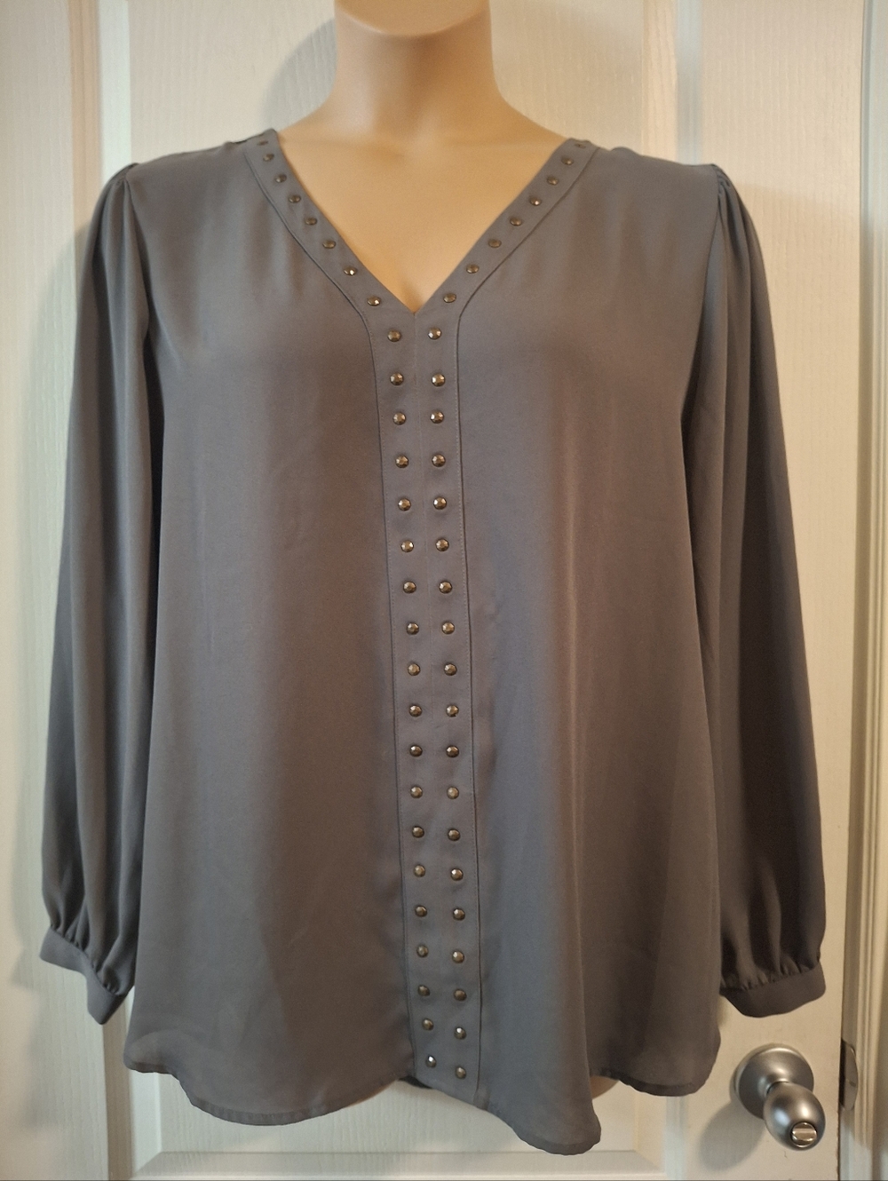 Maurices Xxl Gray V-Neck Blouse with Stud Trim